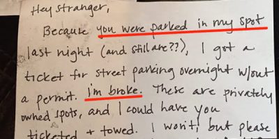 This woman left an angry note on a stranger’s car when they parked in her spot — but it actually led to a major good deed